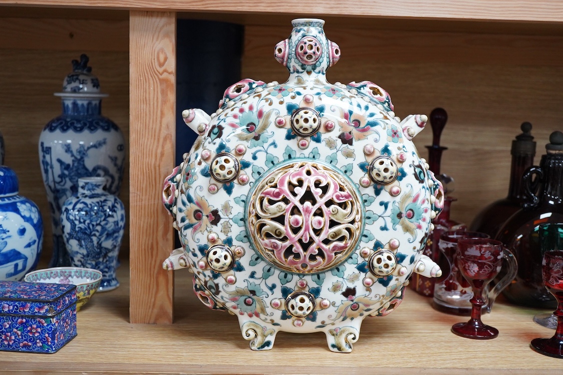 A Zsolnay Pecs Hungarian Persian inspired double walled moon flask, 31cm high